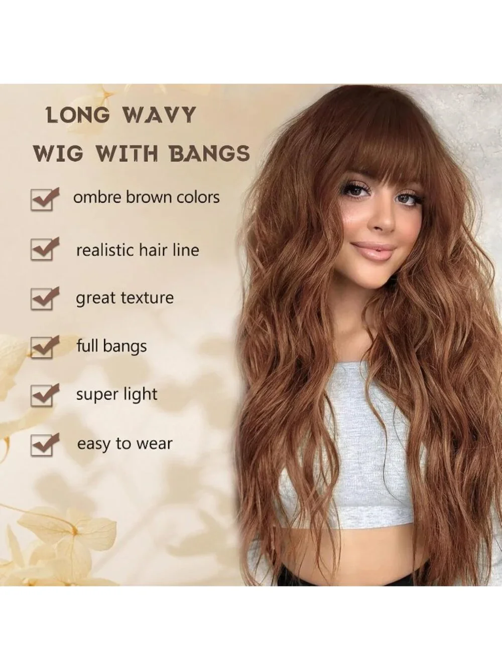 Women's Ombre Brown 26 Inch Natural Looking Heat Resistant Synthetic Wigs Bangs